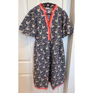 VOY Floral Boho Dress Size S Puff Sleeve Pink Trim Midi